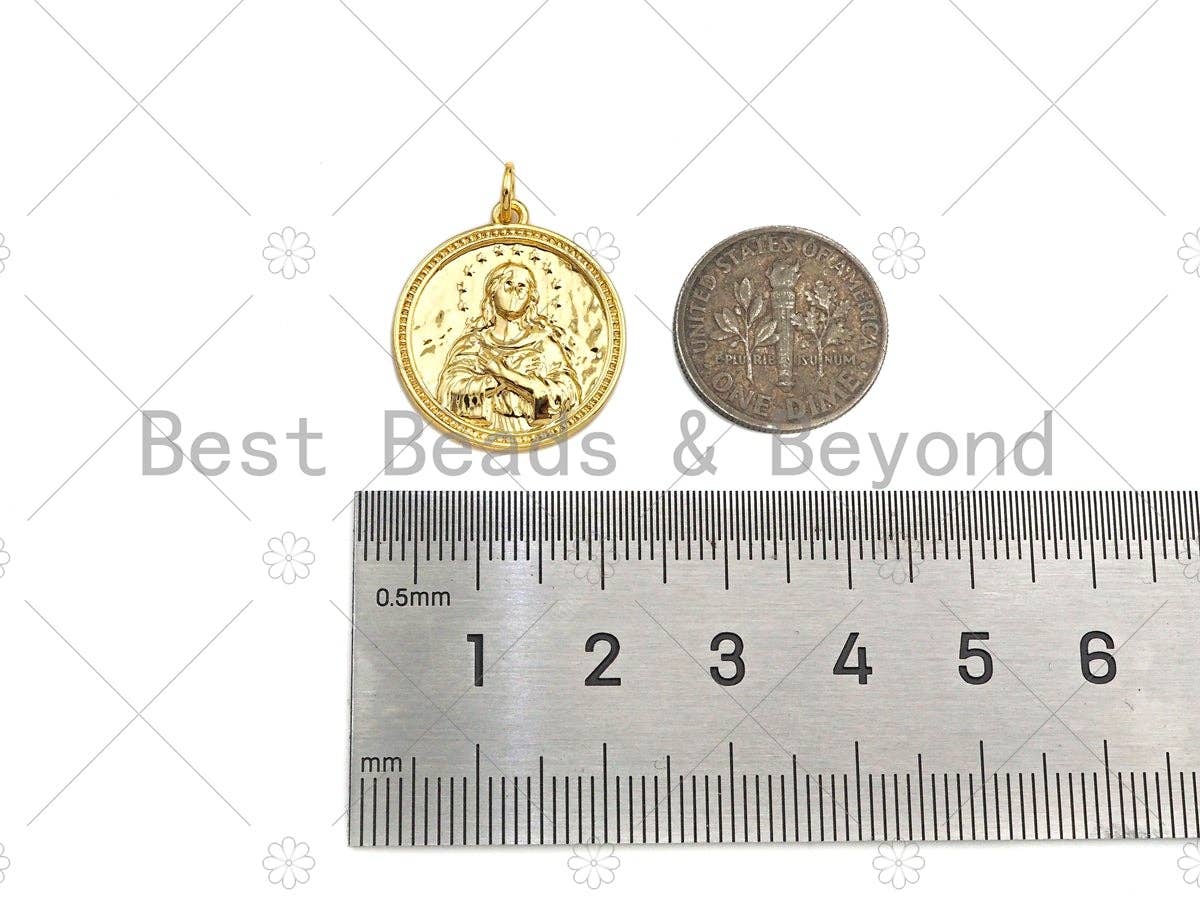 Dianty Embossment Virgin Mary On Round Coin Shape Pendant/Charm,Dainty Medallion Charm, Necklace Bracelet Charm Pendant,19x21mm, Sku#L510