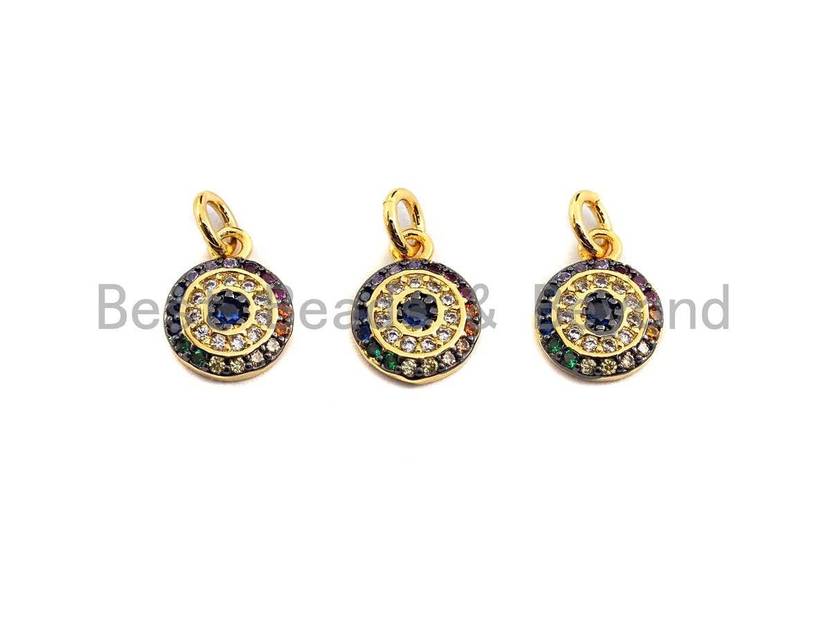 Colorful CZ Micro Pave Evil Eye on Disc Pendant/Charm,Round Evil Eye CZ Pendant, 24K Gold Tone,9x12mm,Sku#Z525