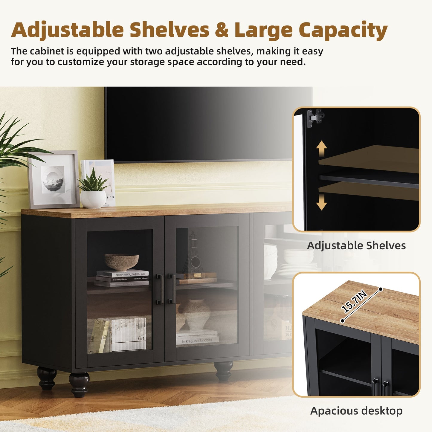 ON-Trend Farmhouse TV Stand with Solid Wood Gourd-Shaped Legs