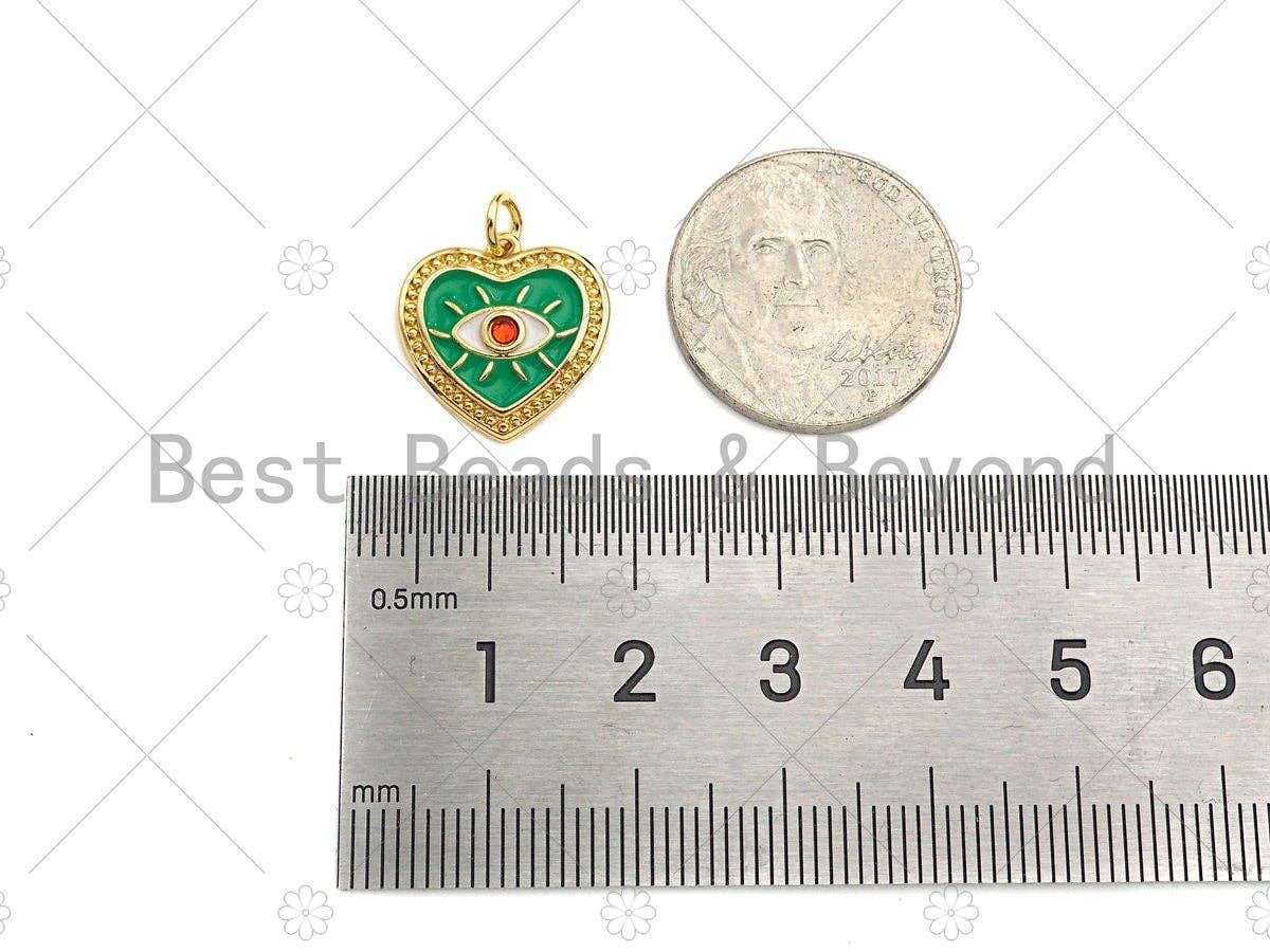 Red CZ Evil Eye On Pink/Green Enamel Heart Gold Pendant,CZ Micro Pave 18K Gold Pendant, Enamel Charm,Enamel Jewelry,15x15mm,Sku#Z1349