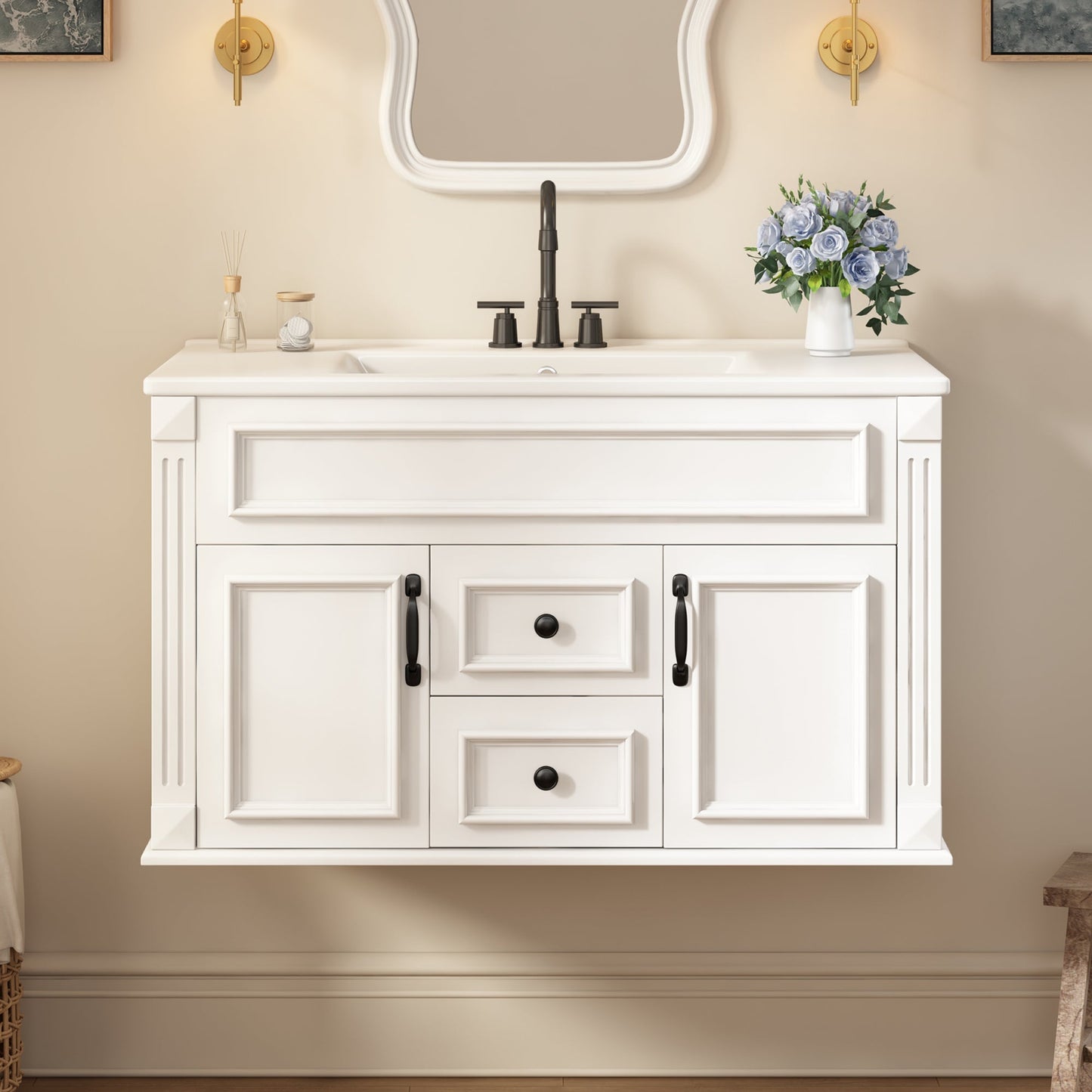 36 Inch Wall Mounted Bathroom Cabinet with Ceramic Sink