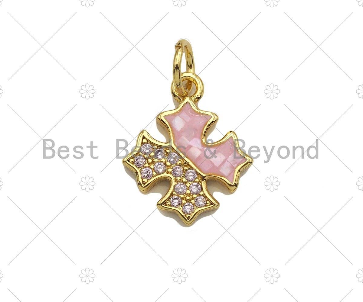 Clover Pink Pendant/Charm, Pink Mother-of-pearl Clover Pendant, Cubic Zirconia Pendant, Gold Tone, 12x13mm, Sku#LK67