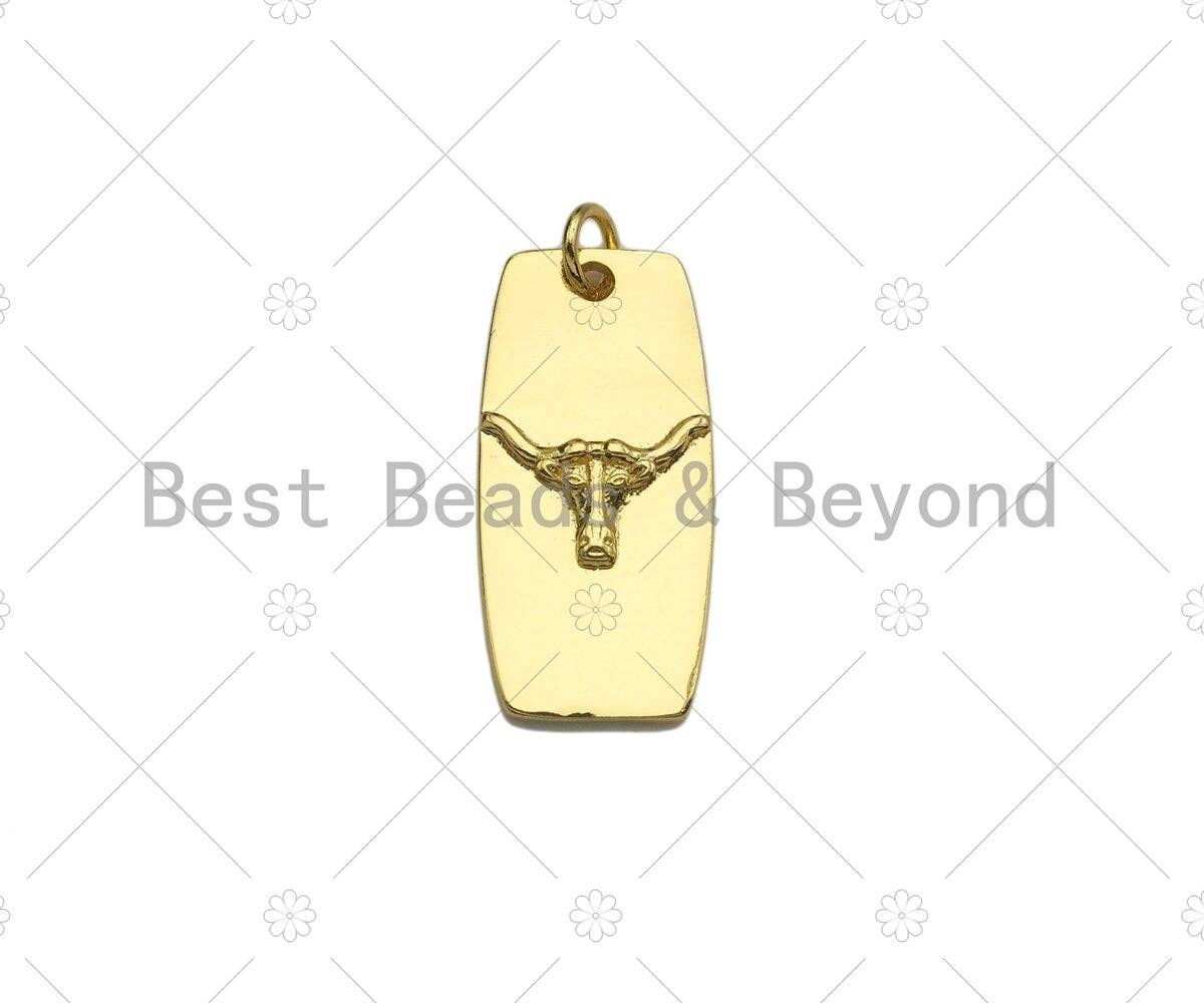 18K Dainty Gold Cow Head On Rectangle Shape Pendant/Charm,Bull Head Medallion Charm, Necklace Bracelet Charm Pendant,12x25mm, Sku#LK253