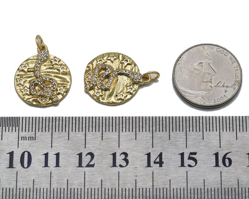 Gold CZ Snake Star Hammered Coin Charm, Sku#LX88