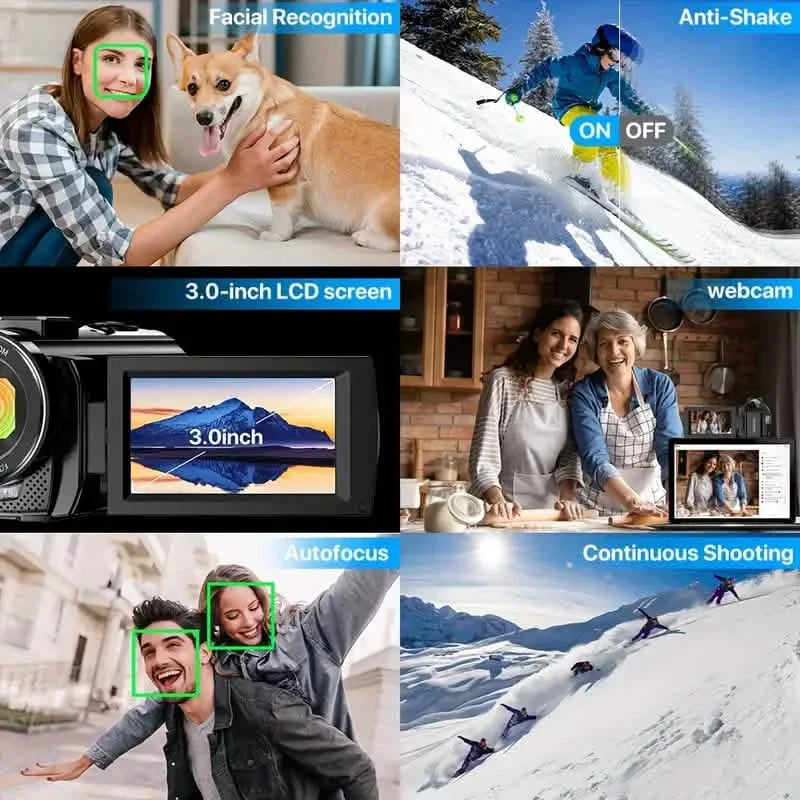 Appareil photo numérique HD 1080P avec zoom 16x, livré avec 2 batteries, carte TF 32 Go, micro, pare-soleil et sac.