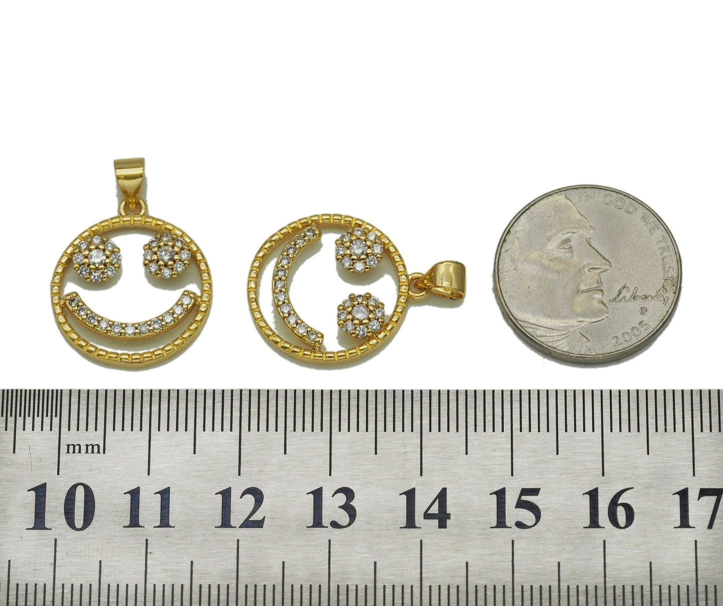 CZ Smiley Face on Hollow Out Round Charm, Sku#JL115