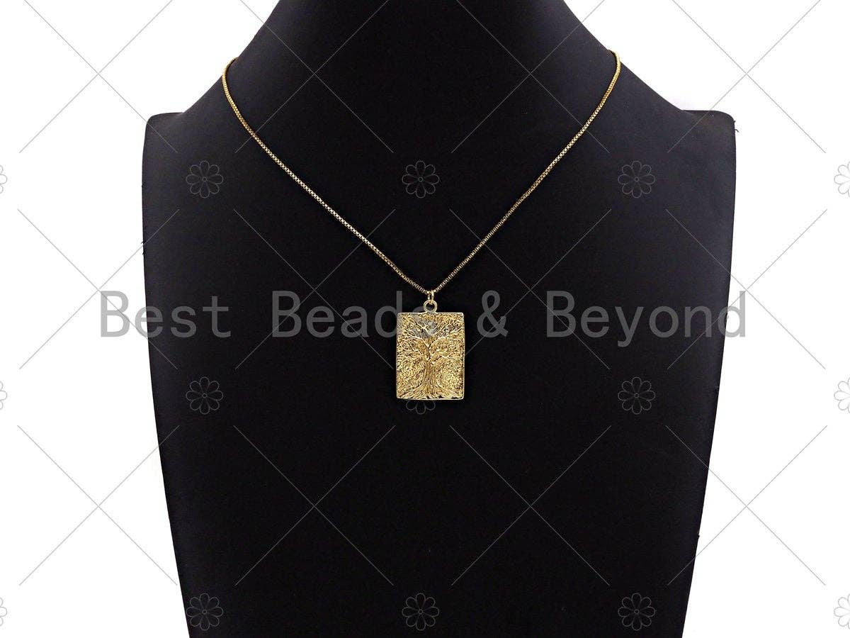 18k Dainty Gold Tree On Rectangle Shape Charms, Dainty Charms, Gold Treen Pendant, Rectangle Necklace Charms, 21x31mm, Sku#LK184