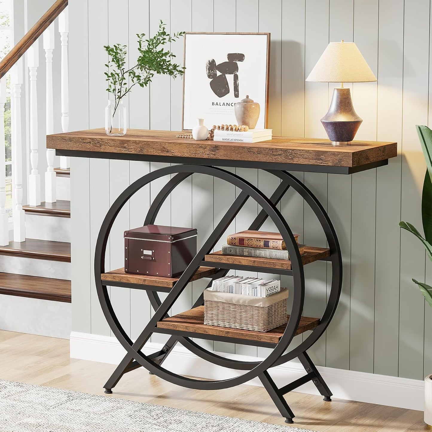 39.4" Industrial 4-Tier Entryway Console Table with Geometric Circle Frame