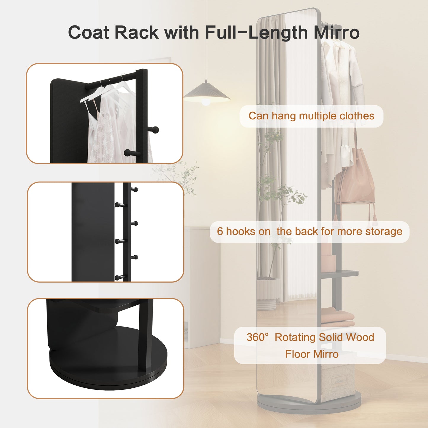 Multifunctional Full Length Mirror with Hook Storage Rack