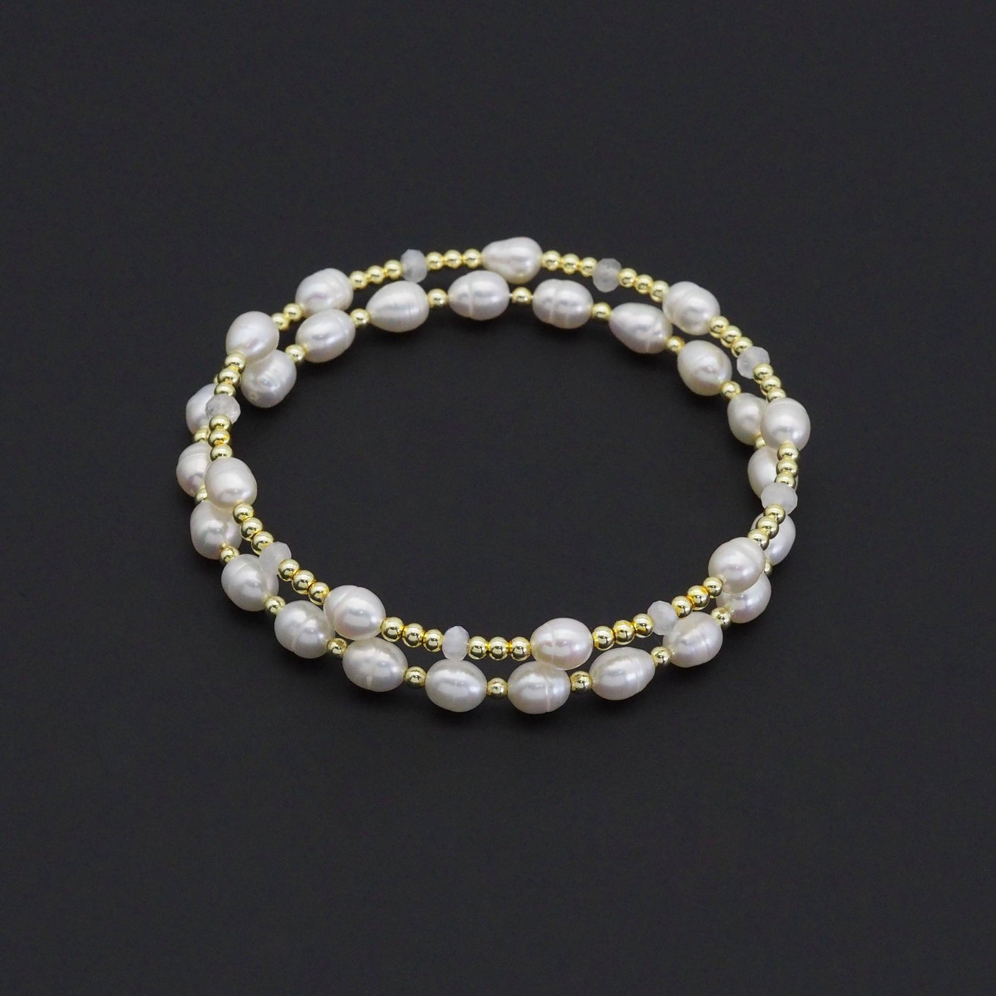 CZ White Pearl Gold Spacer Wire Wrap Bracelet, Sku#EF519
