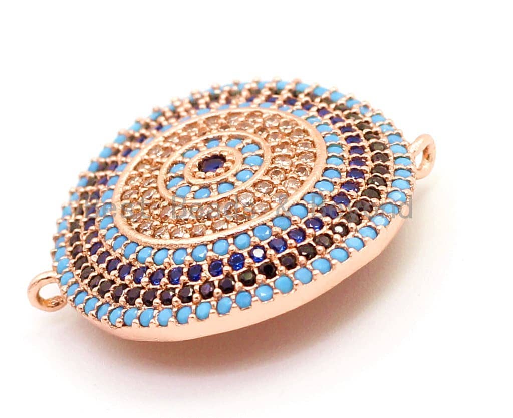CZ Micro Pave Turquoise Cobalt Round Coin Connector for Bracelet/Necklace, Cubic Zirconia Space Connector, 23mm, 1pc, sku#E27