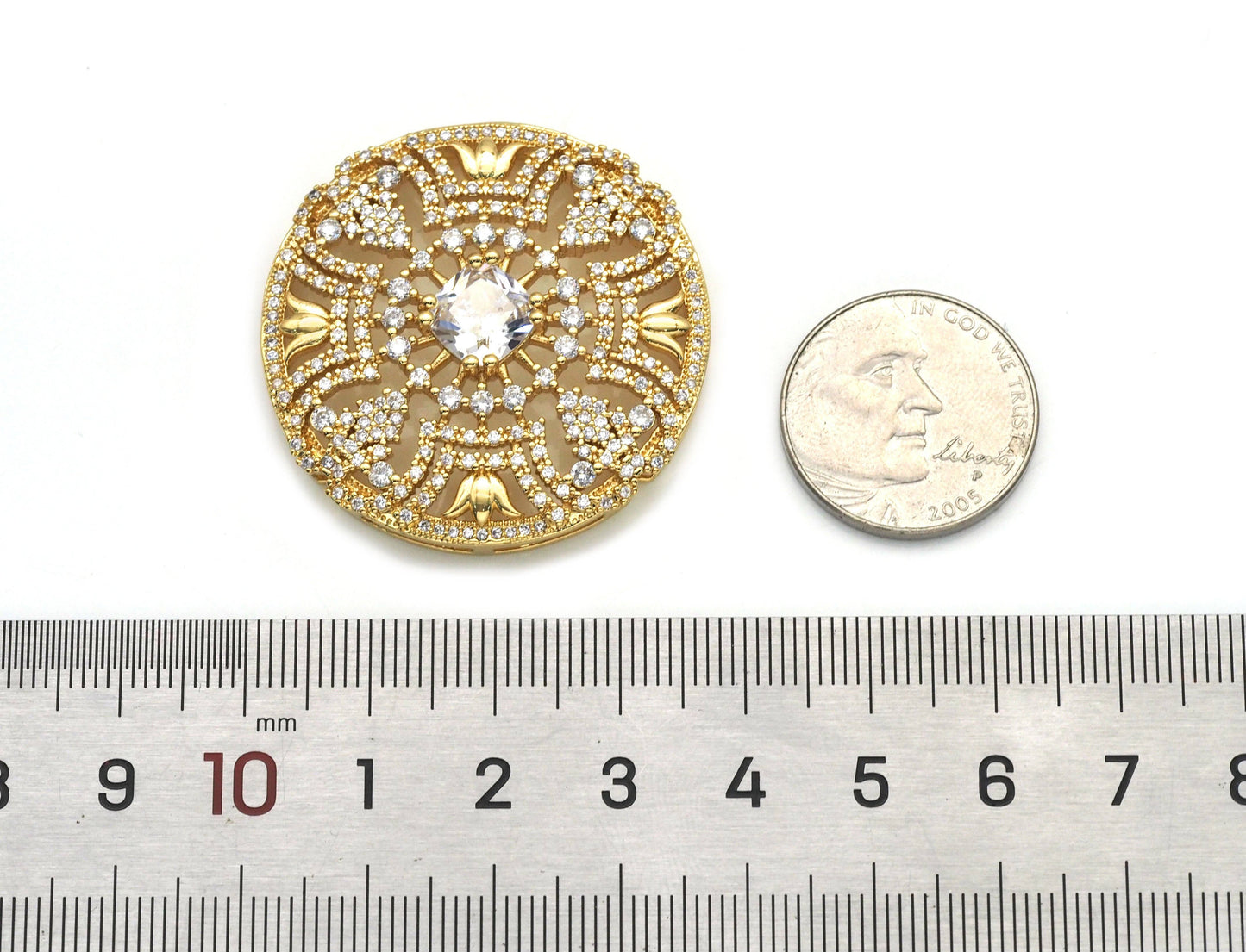 Large CZ Gold Filigree Style Round Charm, Sku#LX146