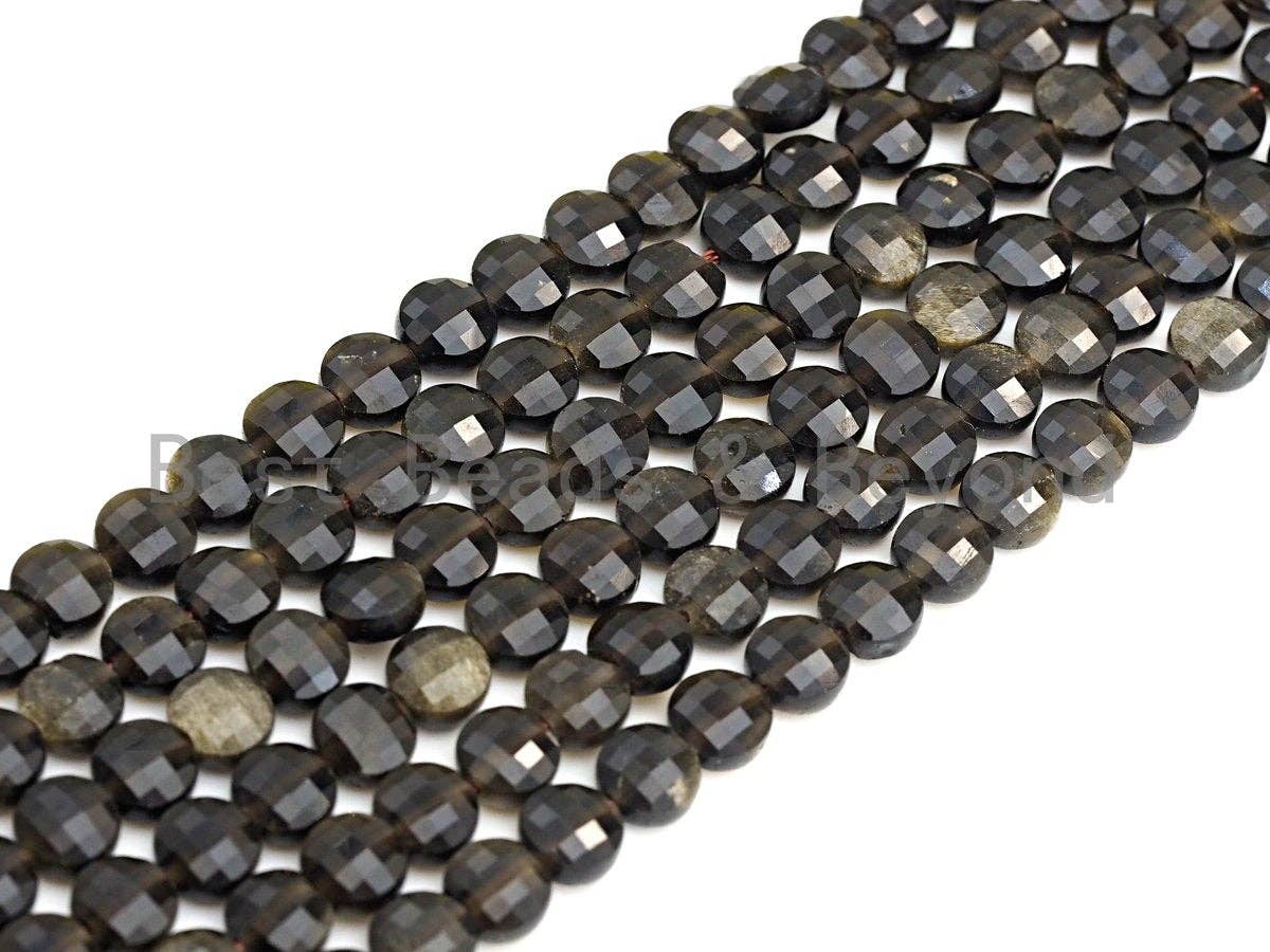 Double Sided Turtle Shell Cut Natural Silver Obsidian Coin Shape beads, 6mm/8mm/10mm Natural Gemstone Beads, 15.5" Full strand, Sku#U797