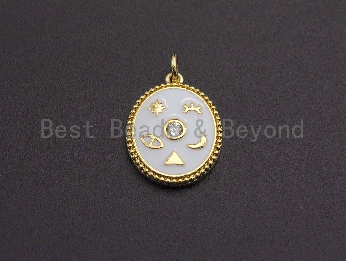 CZ Pave White Cobalt Enamel Star Moon on Round Pendant,Ename