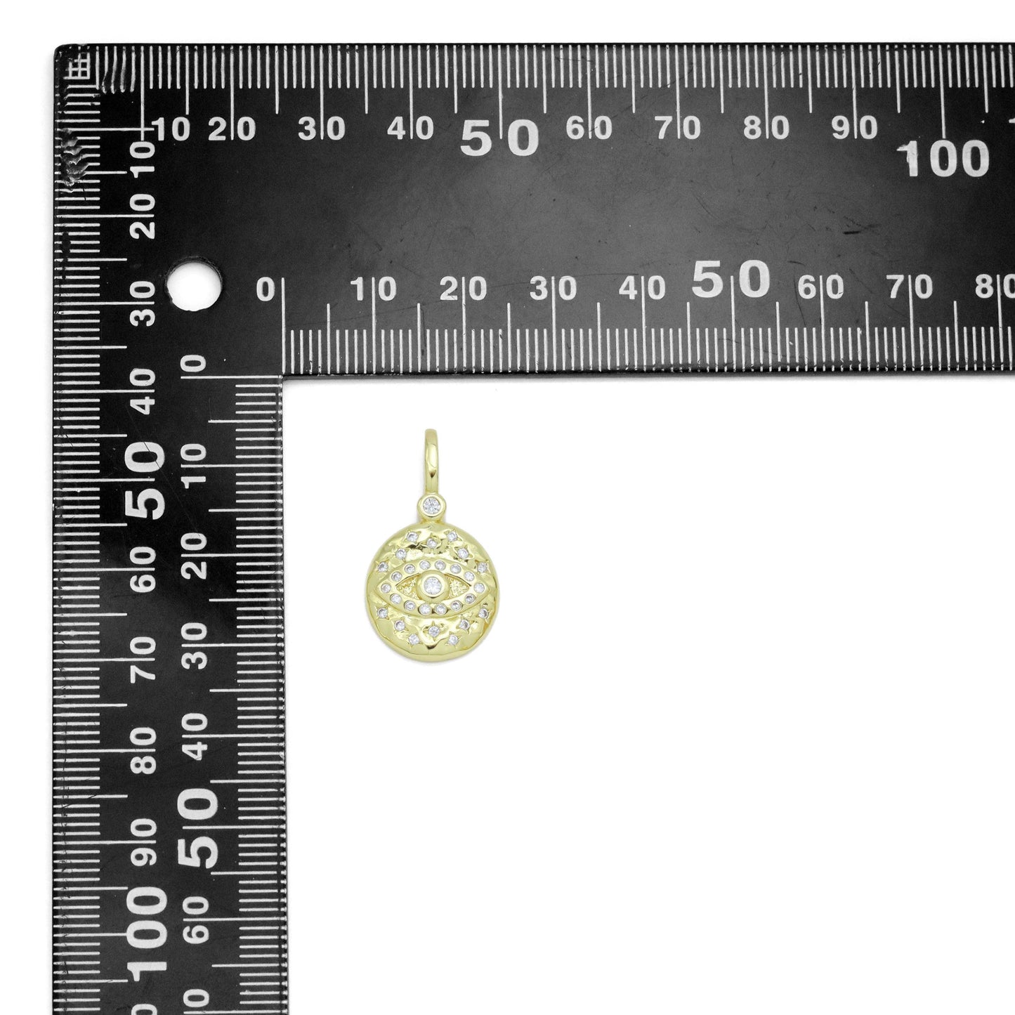 Hammered CZ Pave Evil Eye Coin Charm Pendant, Sku#LX575