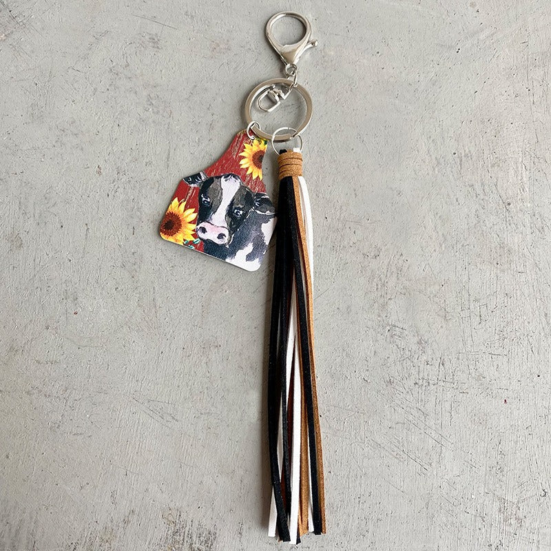 Handmade Popular Jewelry Western Farm Style Leather Keychain Cow Horse Deer Cow Brand Leather Tassels