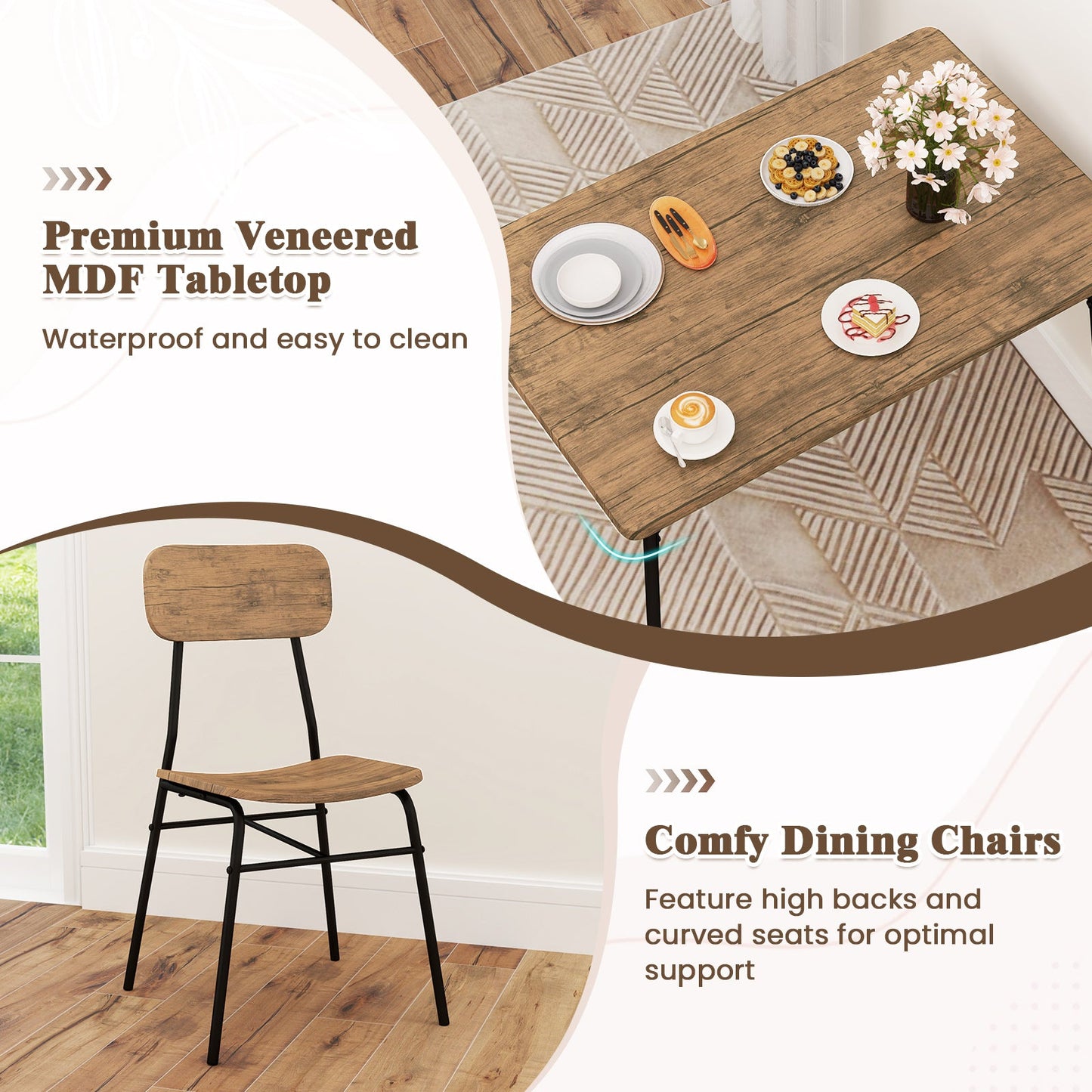 4 Piece Dining Table Set for 4 Metal Frame with Bench and 2 Chairs-Brown