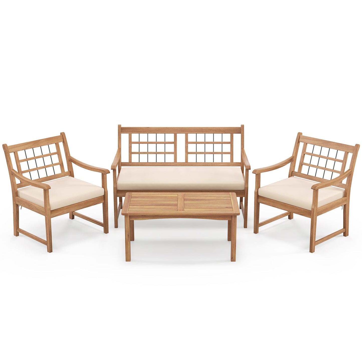 4 Piece Wood Patio Furniture with Armchairs Loveseat and Coffee Table