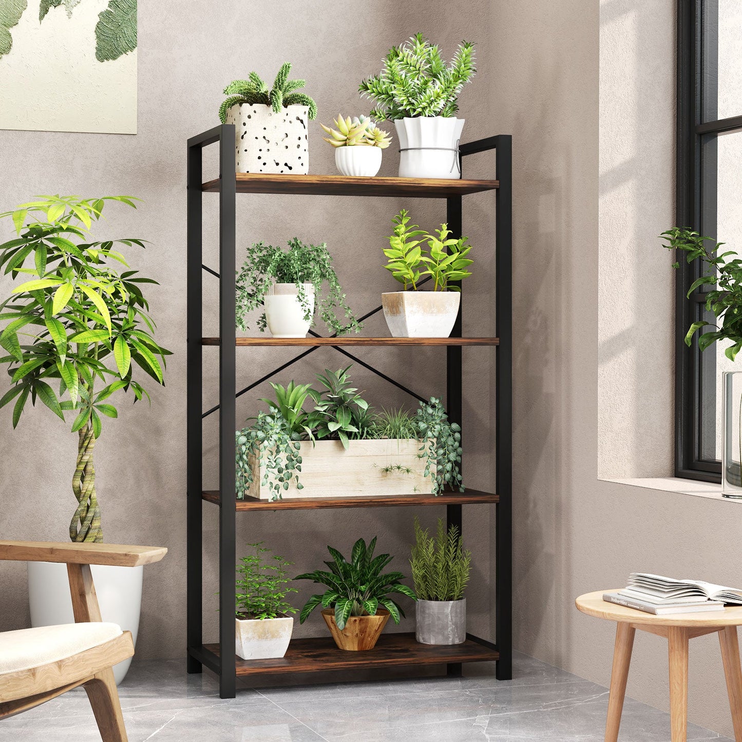 4-Tier Bookshelf with Heavy Duty Metal Frame Industrial Display Shelf-Rustic Brown