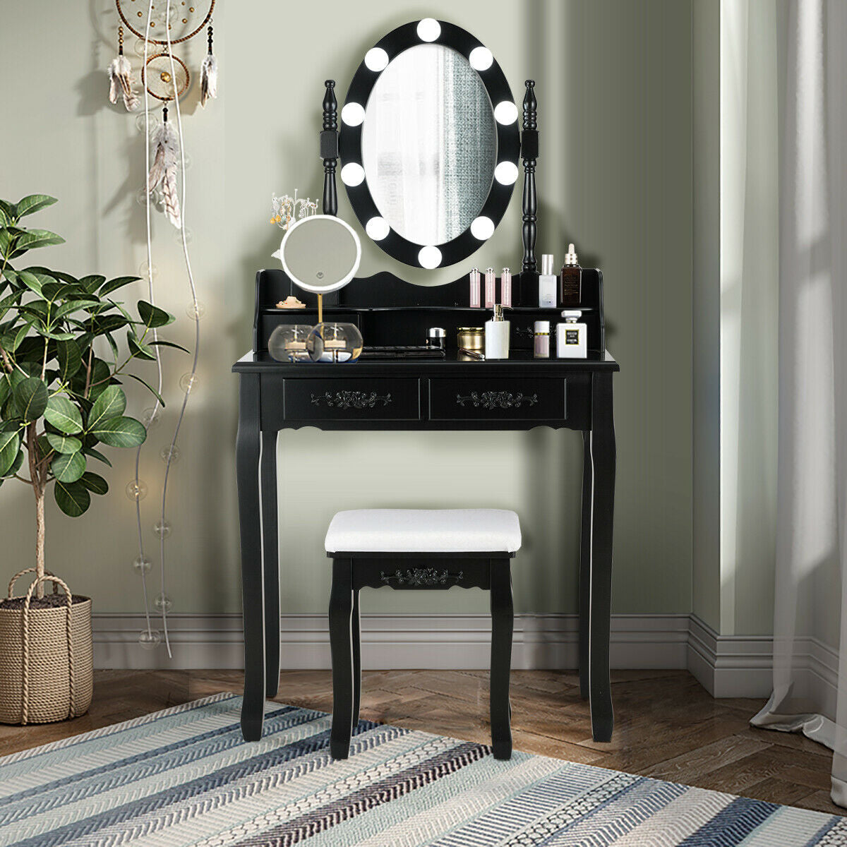 Makeup Dressing Table with Touch Switch Lighted Mirror and Cushioned Stool