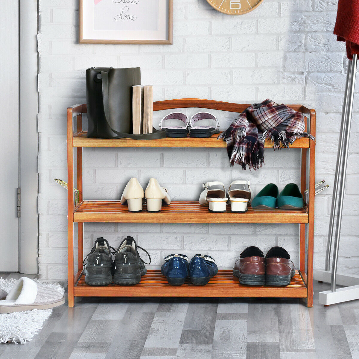 2-Tier Acacia Wood Shoe Rack with 4 Side Metal Hooks