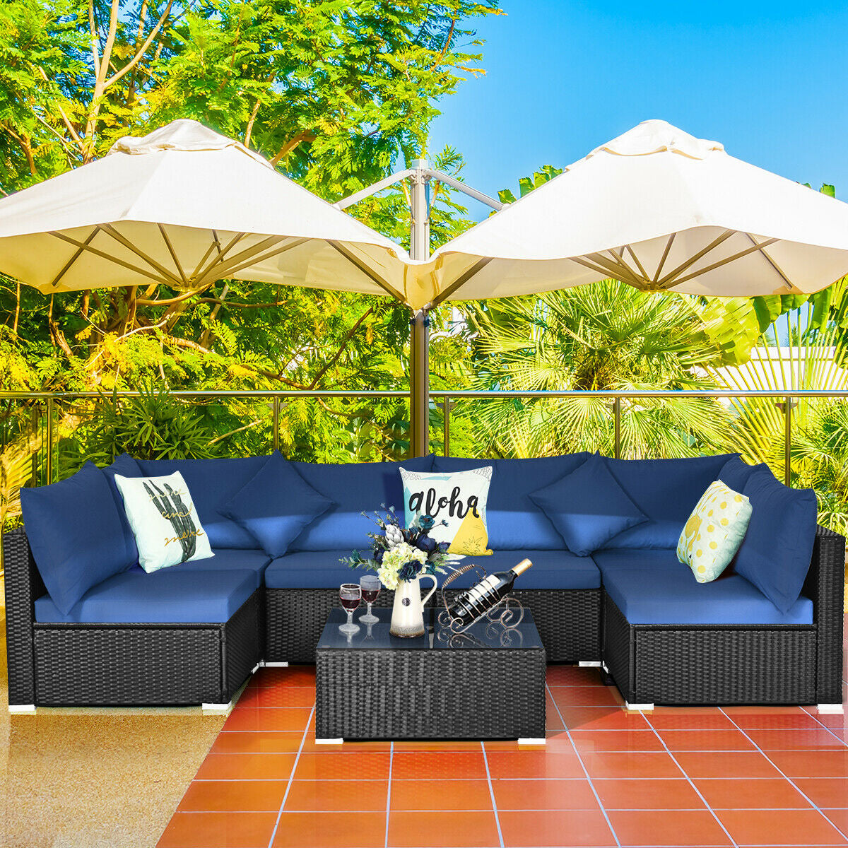 7 Pieces Sectional Wicker Furniture Sofa Set with Tempered Glass Top-Red