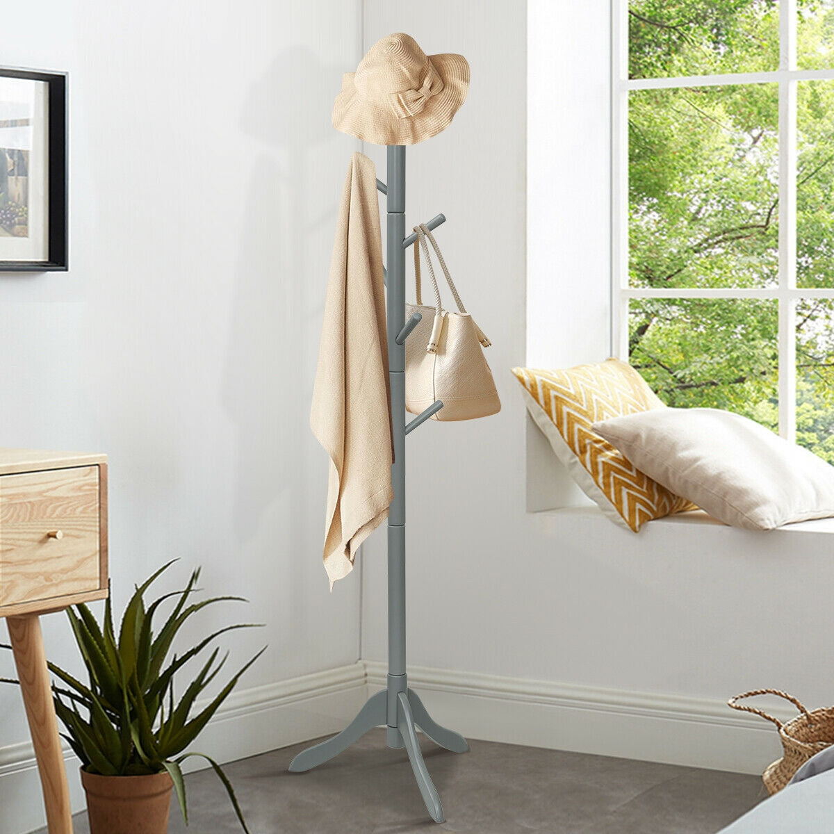 Adjustable Wooden Tree Coat Rack with 8 Hooks