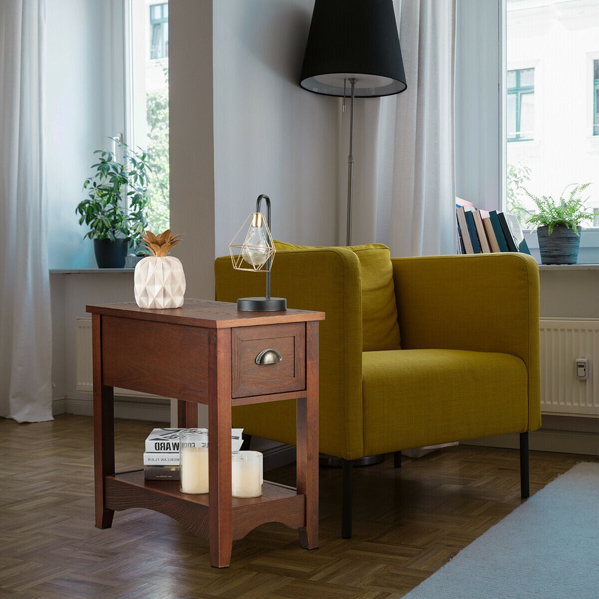 2 Pieces Retro Narrow Tiered End Table with Drawer and Storing Shelf