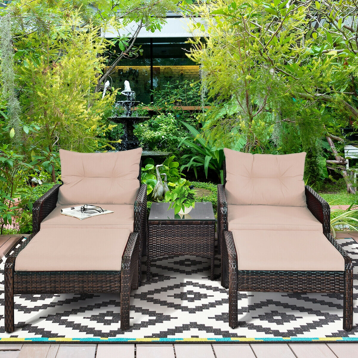 5 Pieces Patio Rattan Sofa Ottoman Furniture Set with Cushions-Black