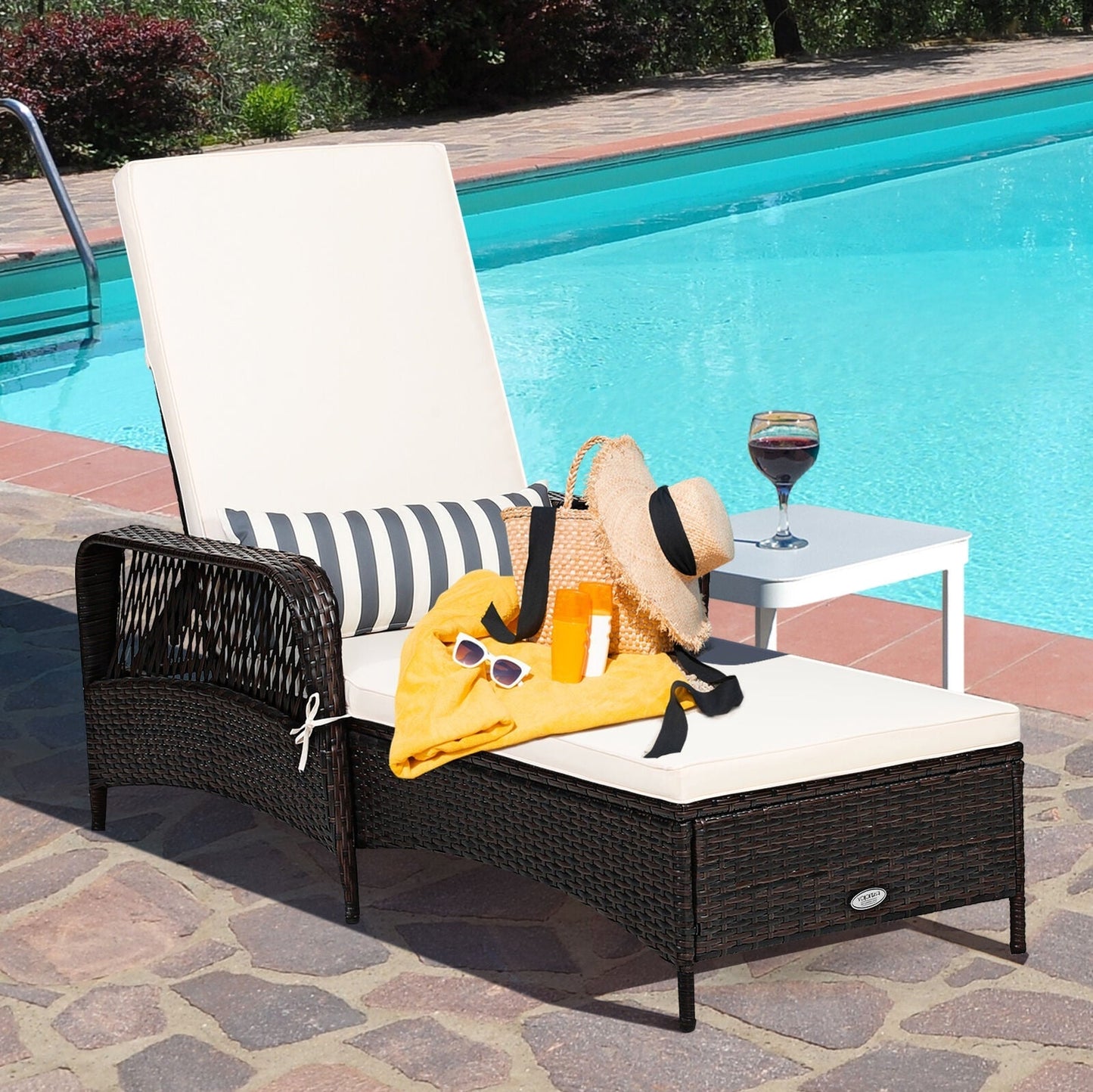 Outdoor Patio Wicker Chaise Lounge Chair with Adjustable Backrest and Pillow