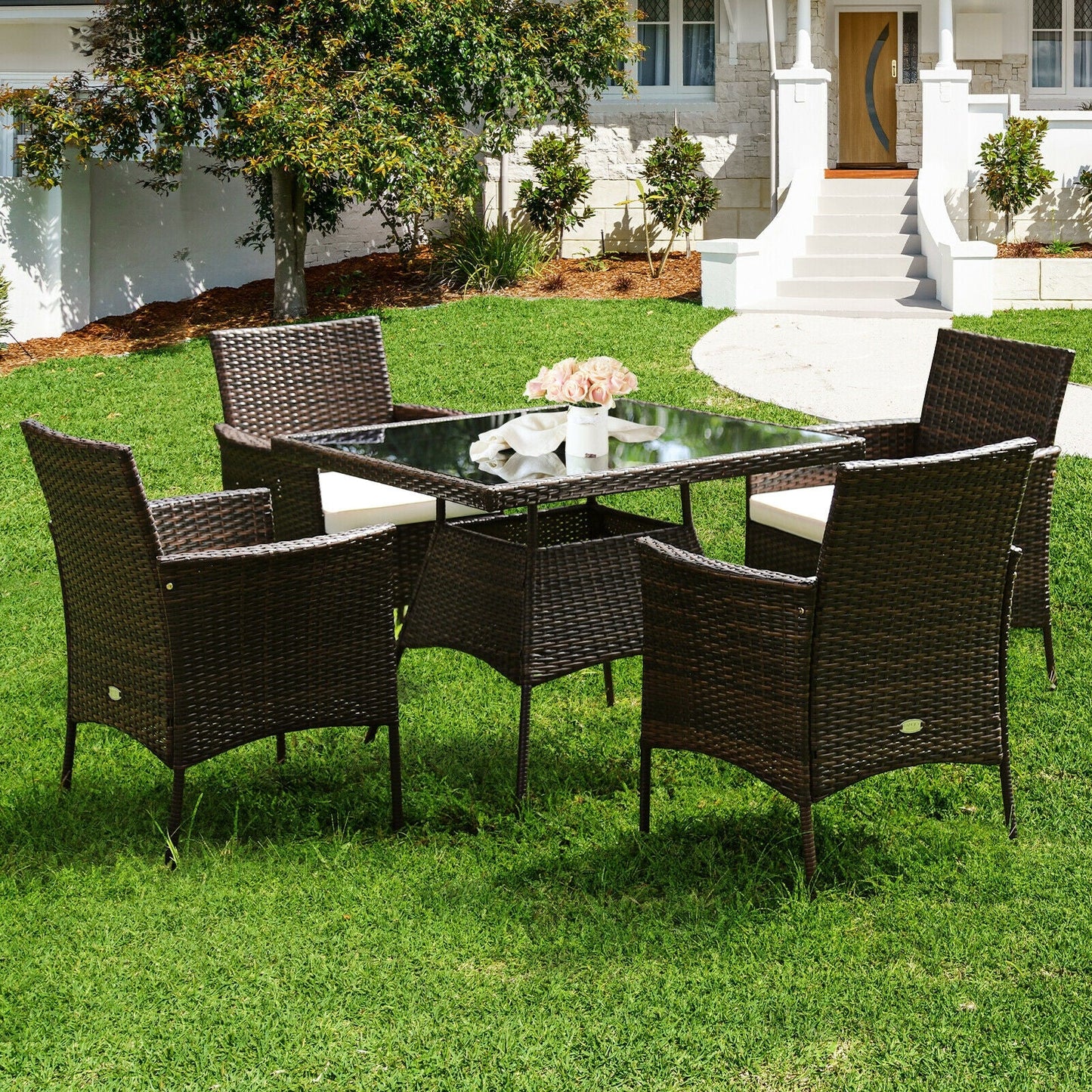 5 Pieces Patio Rattan Dining Furniture Set with Arm Chair and Wooden Table Top