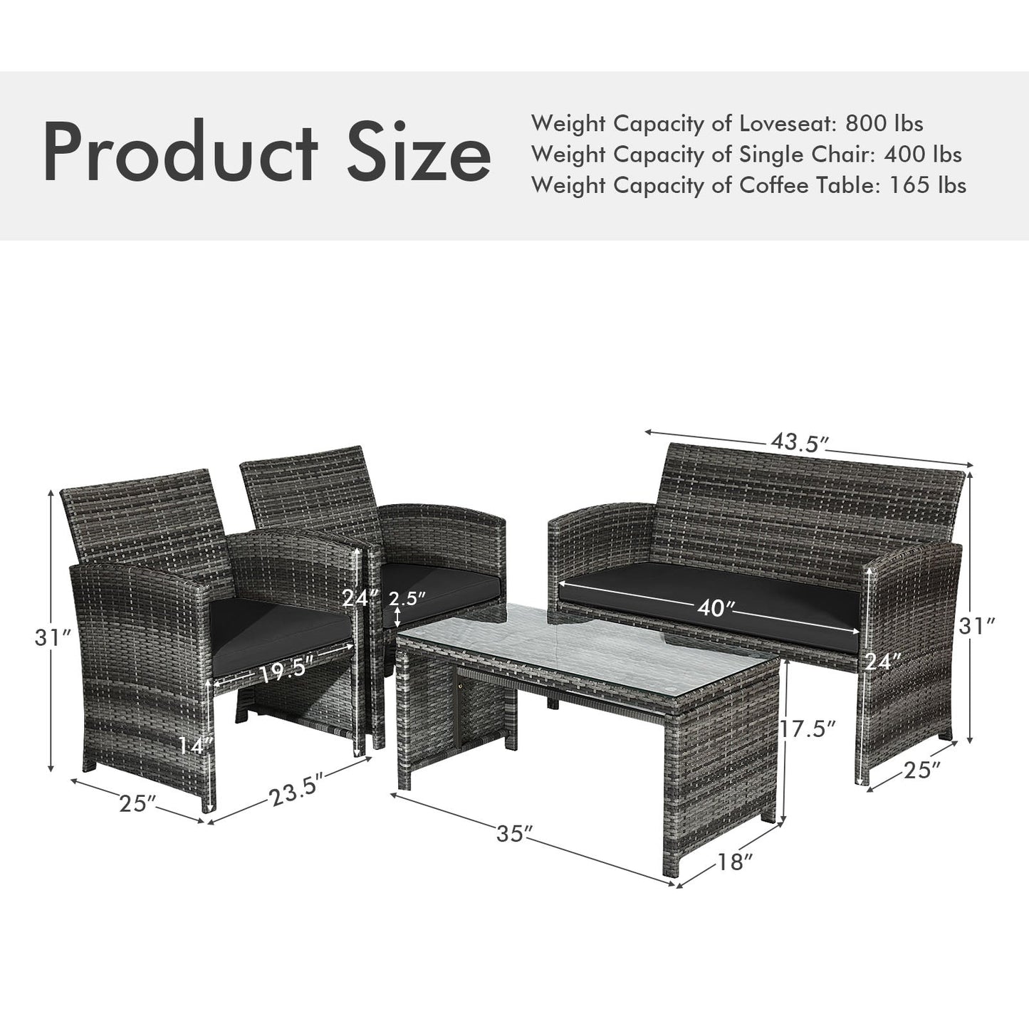 4 Pieces Patio Rattan Furniture Set with Glass Table and Loveseat-Gray