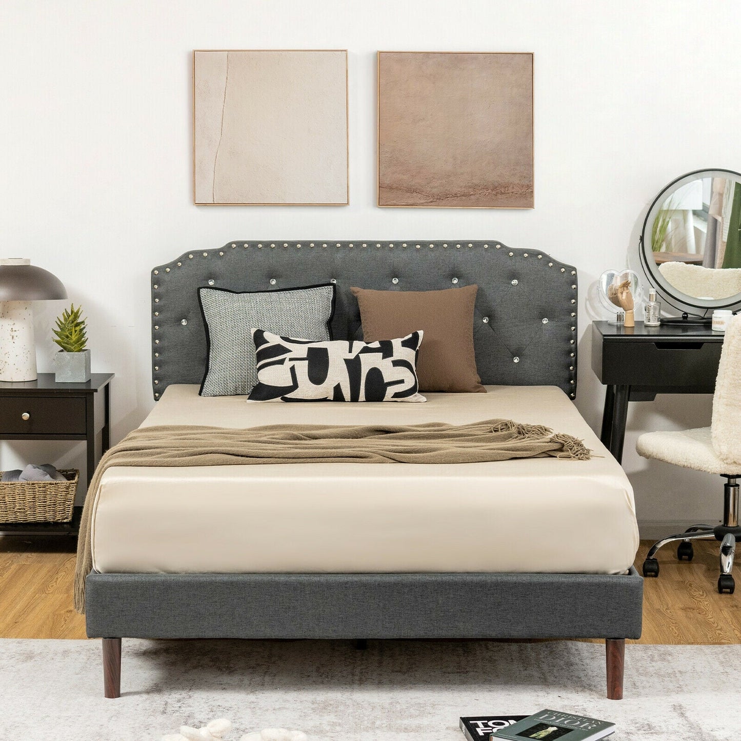 Upholstered Bed Frame with Adjustable Diamond Button Headboard