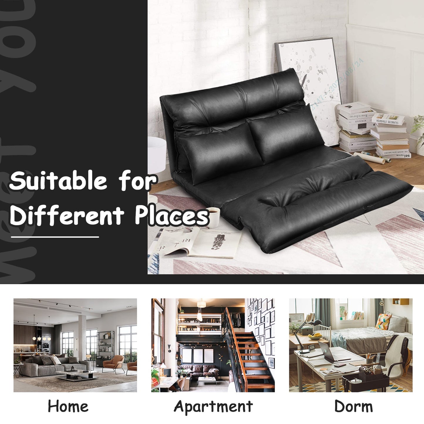 Foldable PU Leather Leisure Floor Sofa Bed with 2 Pillows-Black