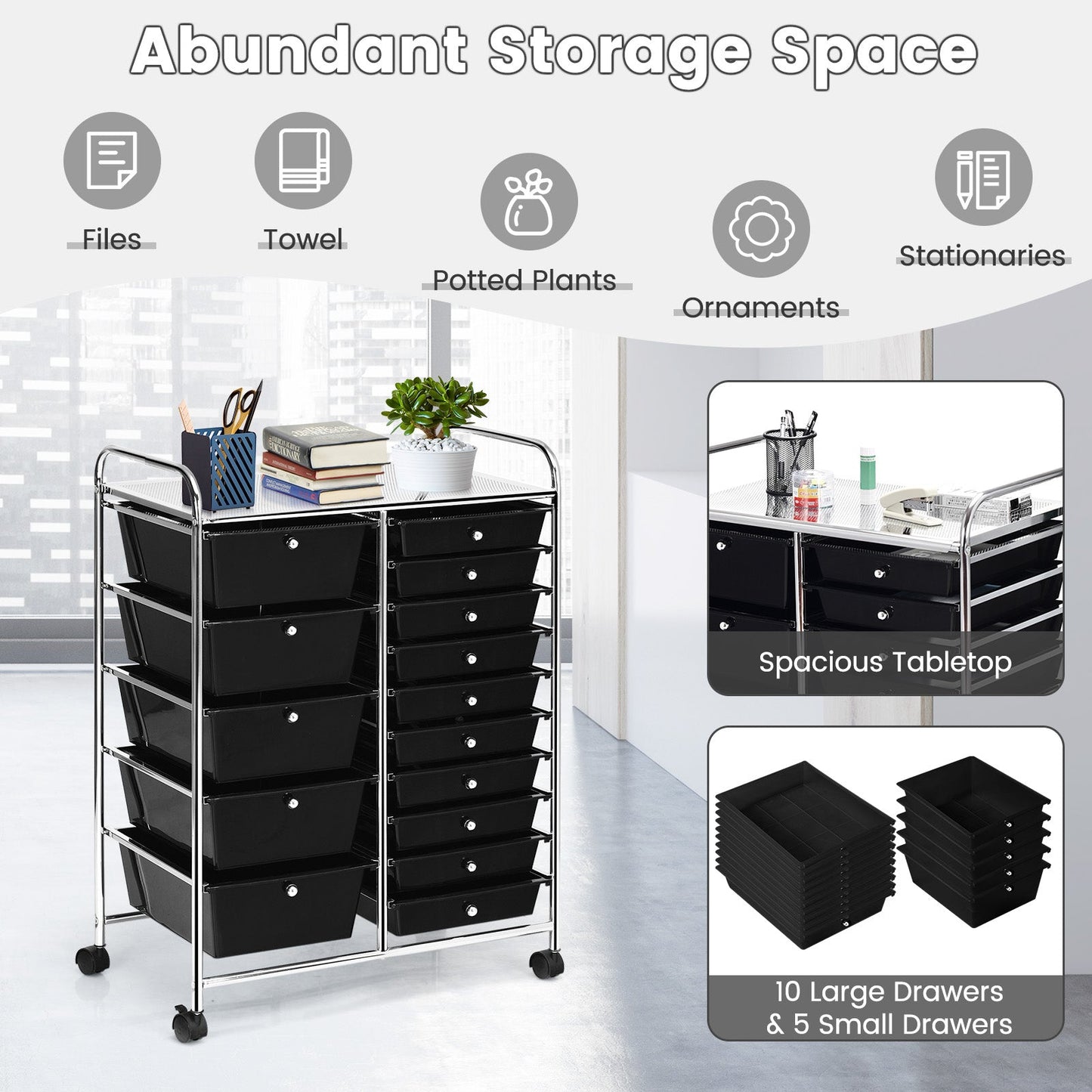 15-Drawer Utility Rolling Cart with Drawers Multi-Use Storage-Icecream Multicolor