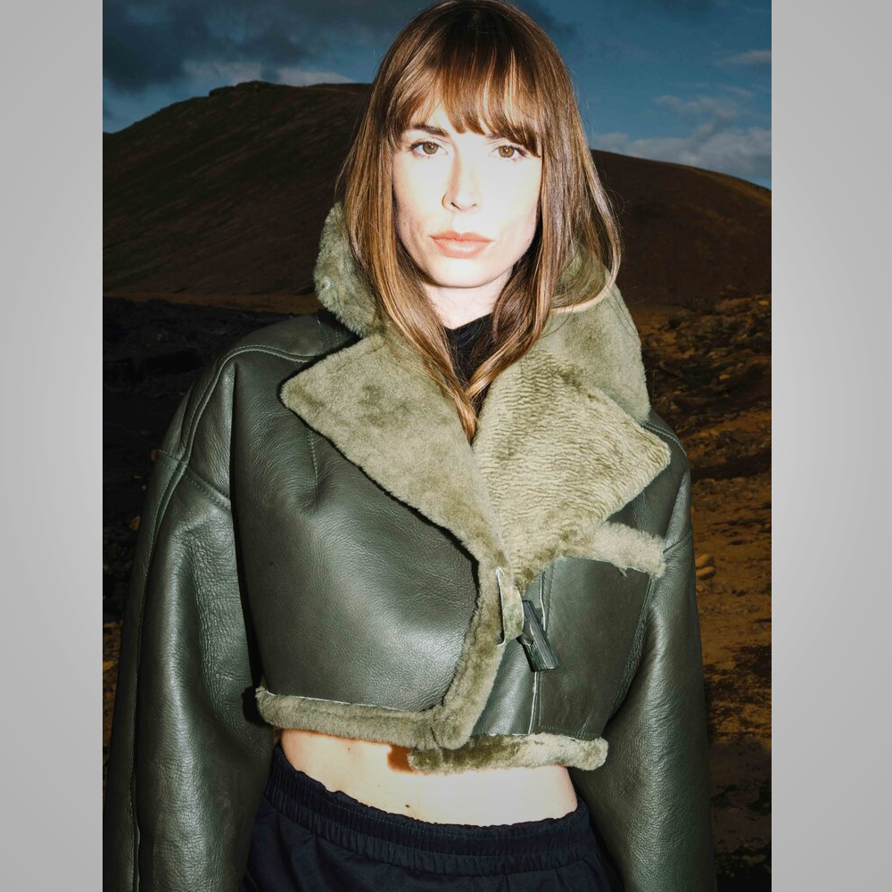 Green Women Aviator Flight Bomber Faux Fur Shearling Sheepskin Leather Jacket