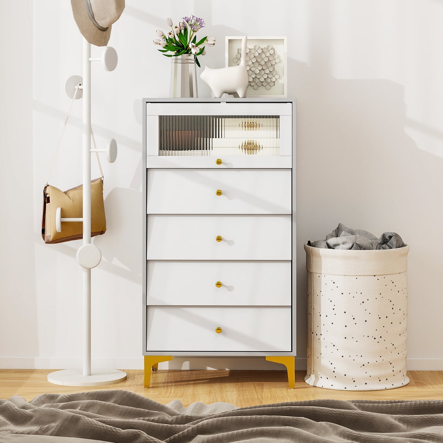 4 Drawer Modern Storage Cabinet with Flip Up Fluted Glass Door-Gray and White