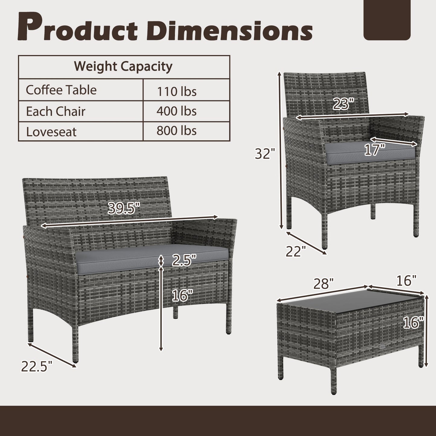 4 Pieces Patio Rattan Conversation Set with Tempered Glass Coffee Table
