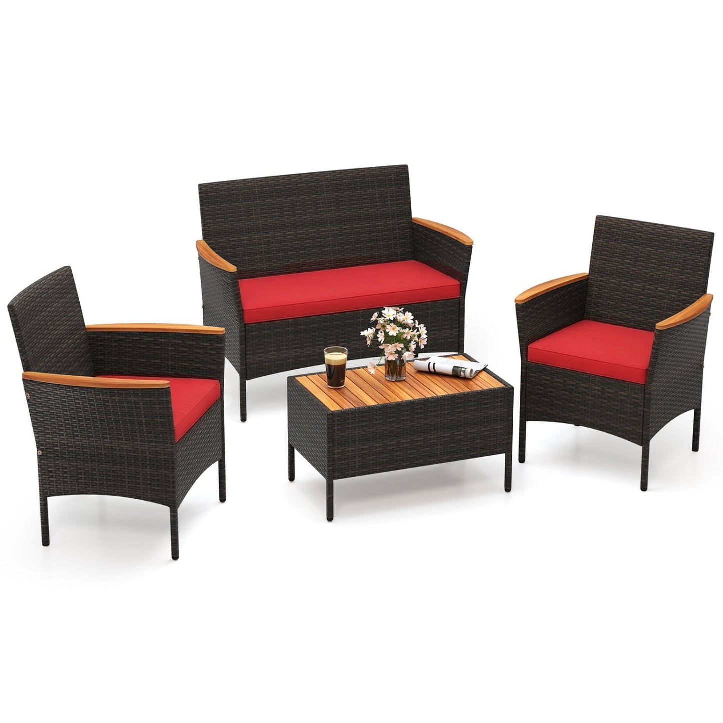 4 Piece Patio Wicker Sofa Set 2 Rattan Chairs and Loveseat with Table-Brown