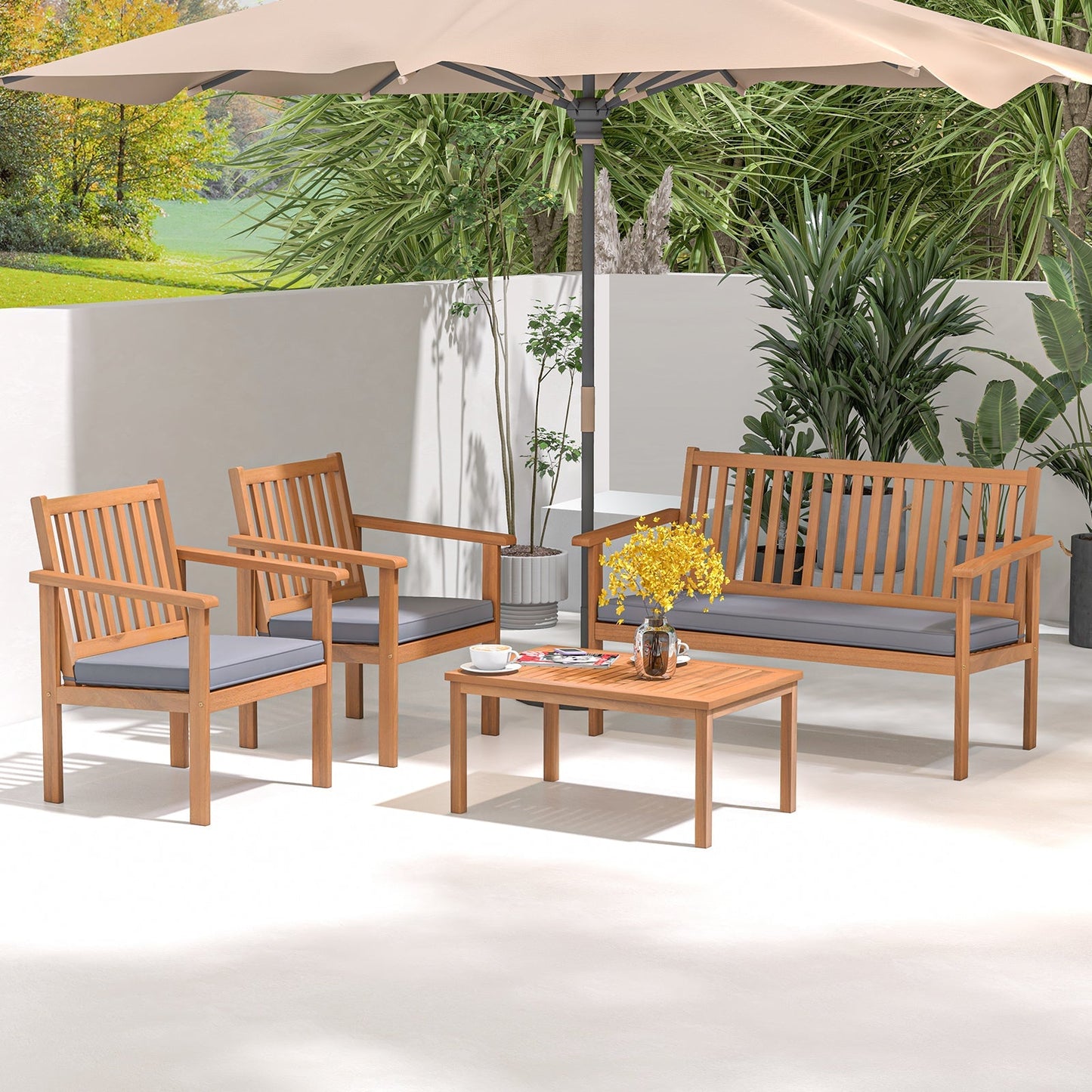 4 Piece Patio Wood Furniture Set Acacia Wood Sofa Set with Loveseat