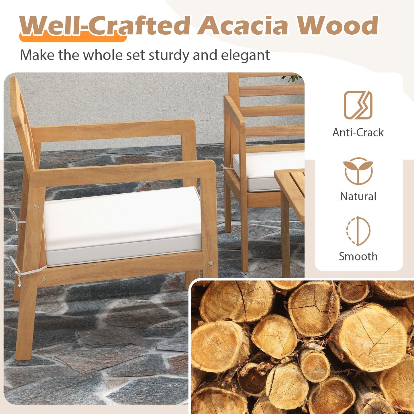 4 Piece Wood Patio Conversation Set with 2 Armchairs and Coffee Table-White
