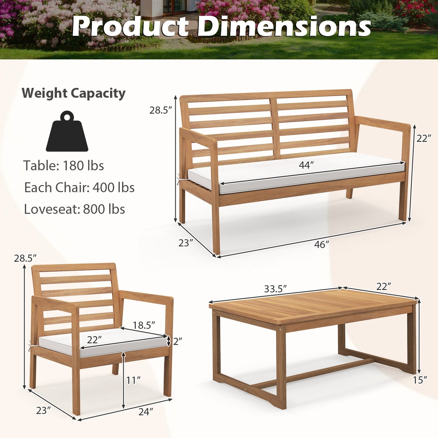 4 Piece Wood Patio Conversation Set with 2 Armchairs and Coffee Table-White