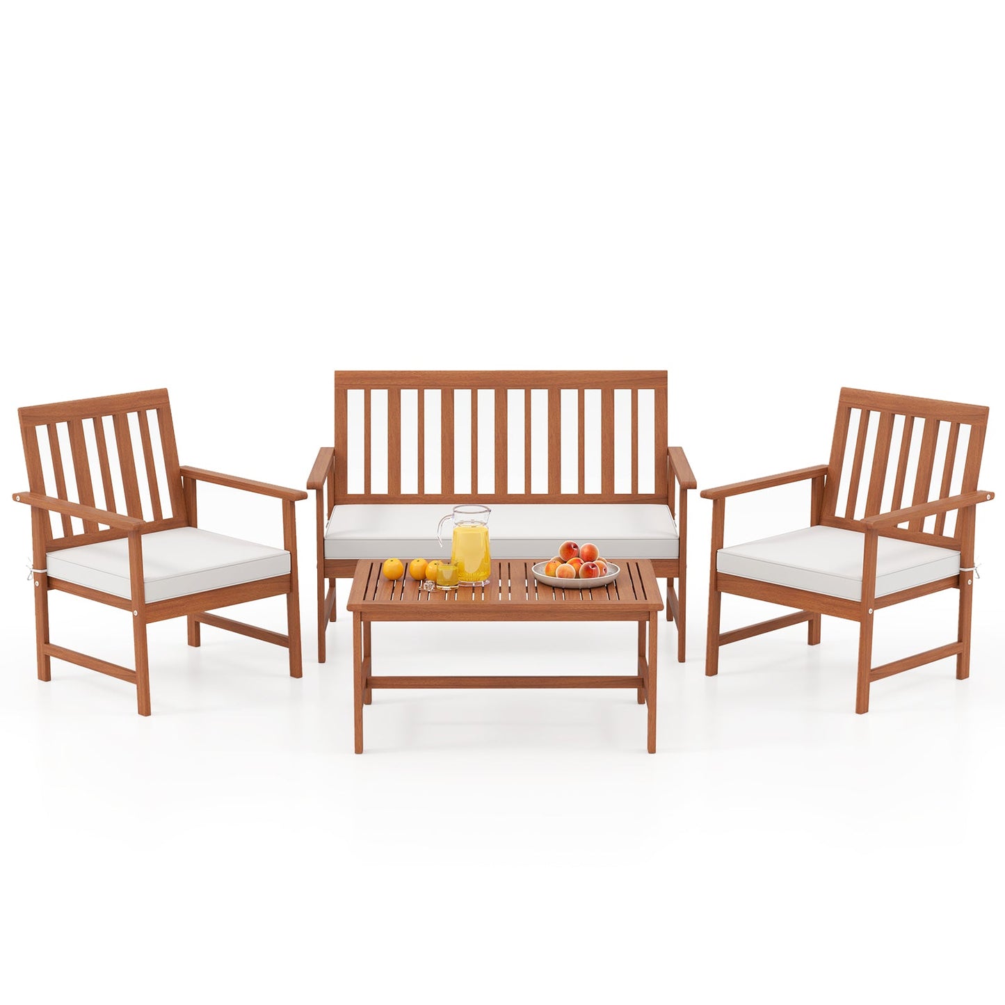 4 Pieces Acacia Wood Furniture Set with Seat Cushions and Robust Wood Frame-White