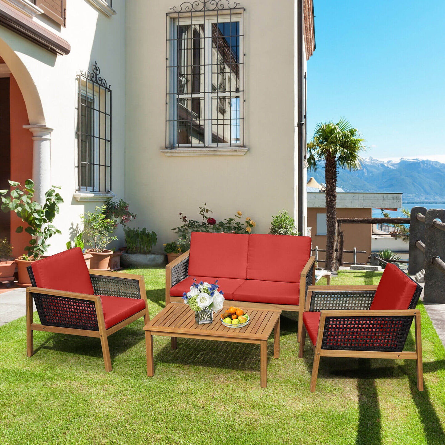 4 Pieces Patio Rattan Furniture Set with Removable Cushions