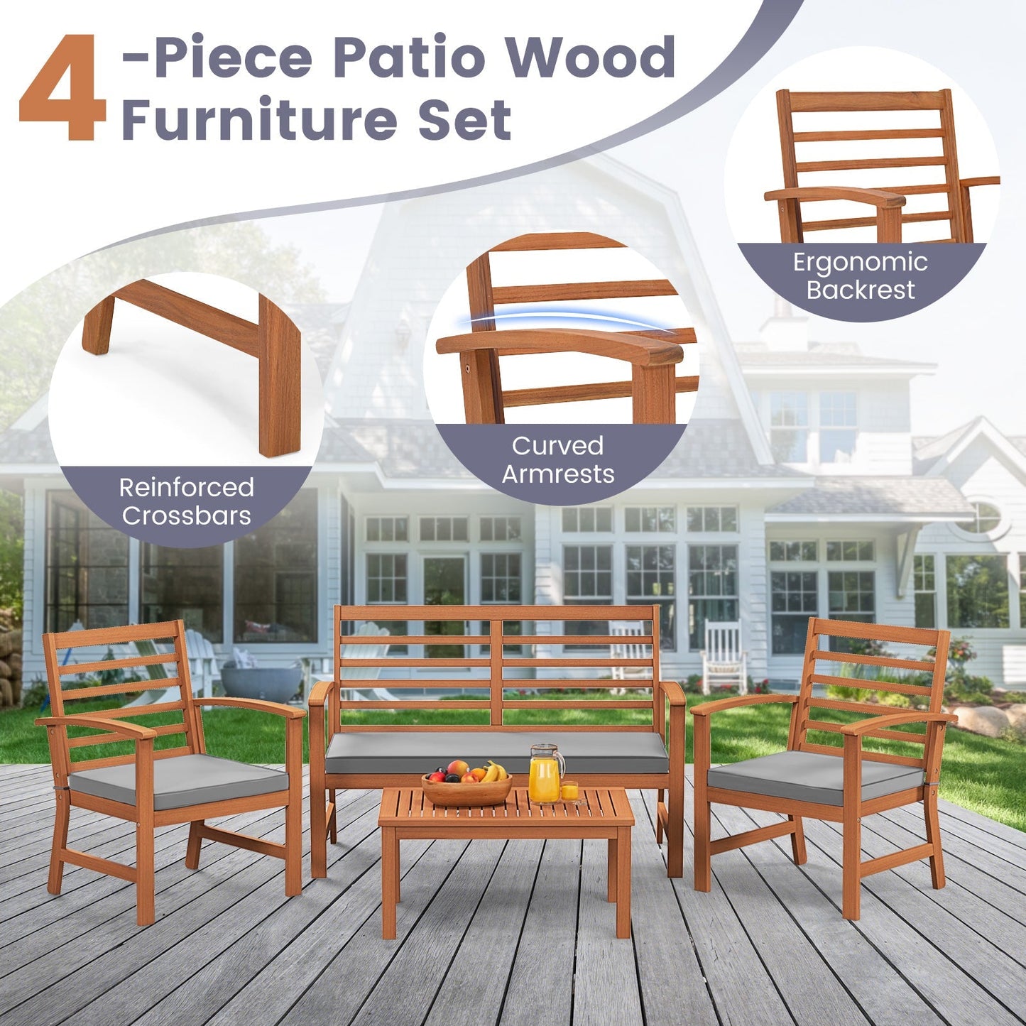 4 Pieces Outdoor Furniture Set with Stable Acacia Wood Frame