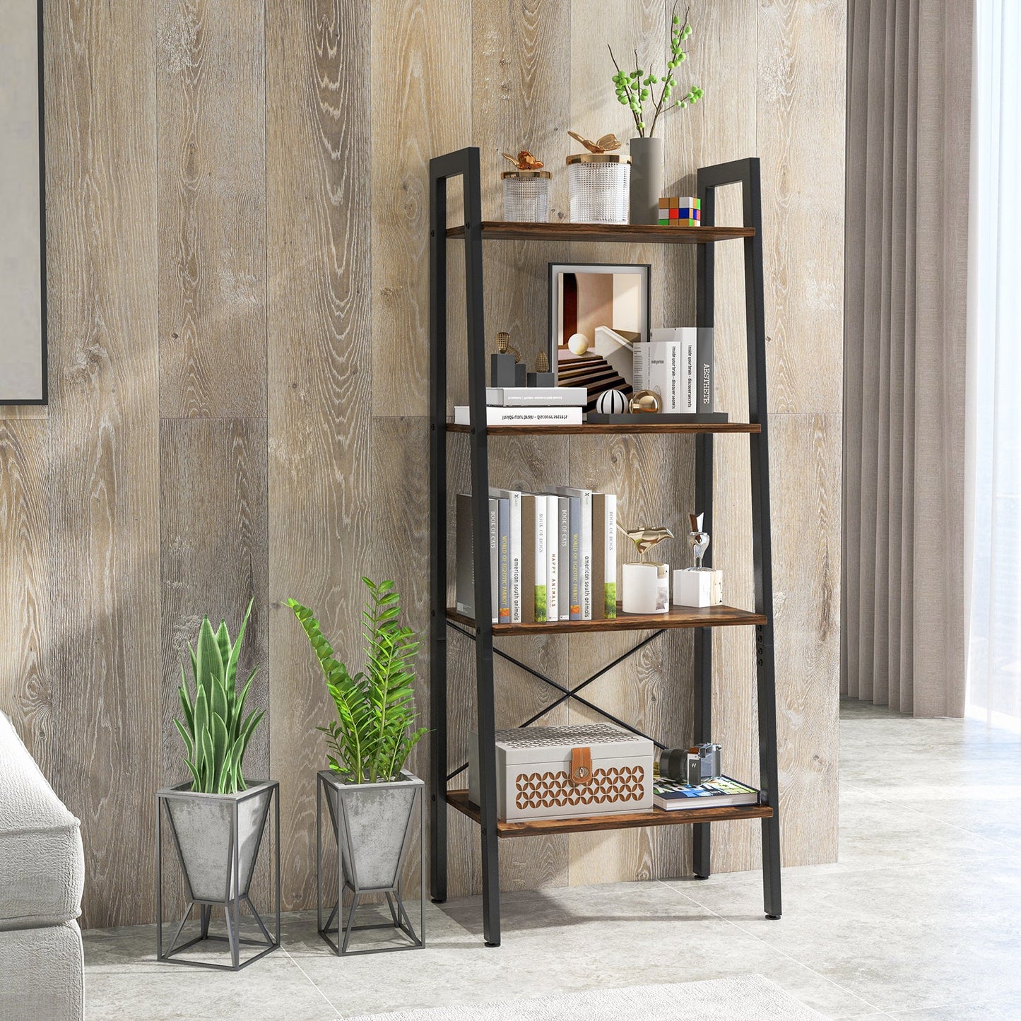 4-Tier Bookshelf with Metal Frame and Adjustable Foot Pads