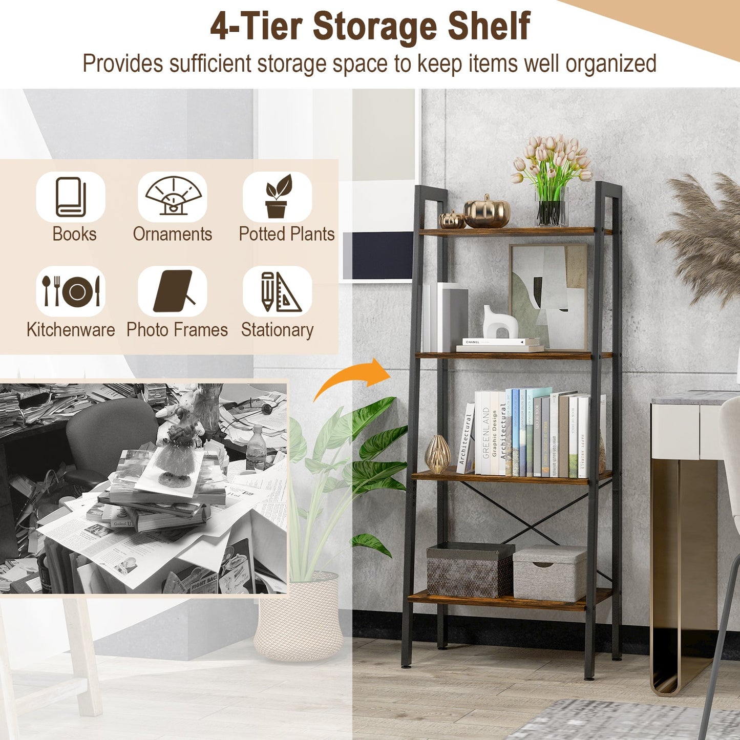 4-Tier Bookshelf with Metal Frame and Adjustable Foot Pads