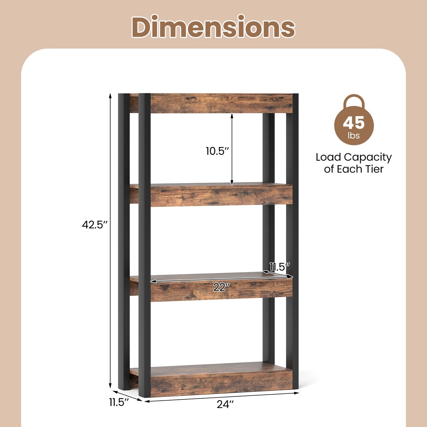 4 Tier Bookshelf Wooden Bookcase with Dual Anti-Tipping Kits