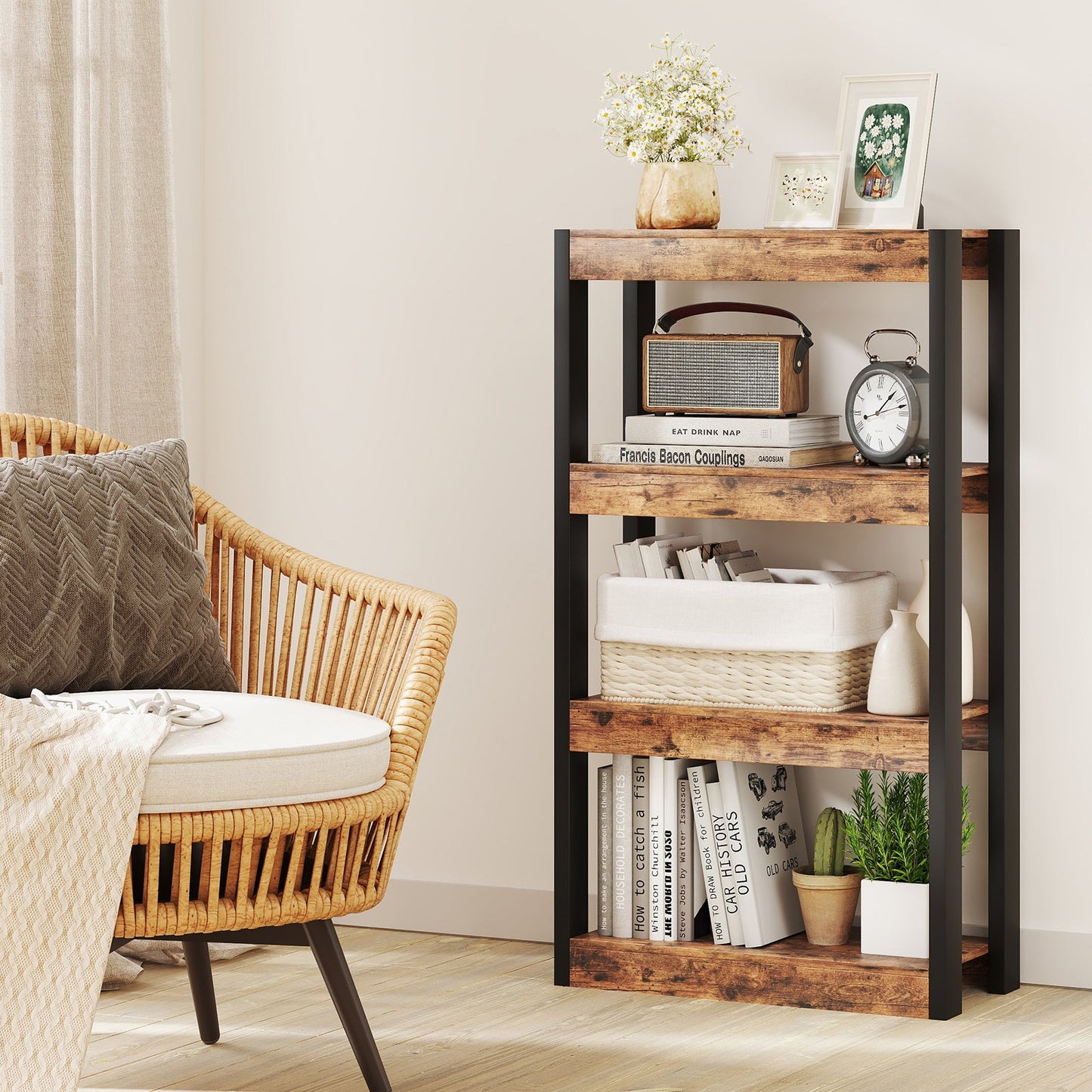 4 Tier Bookshelf Wooden Bookcase with Dual Anti-Tipping Kits