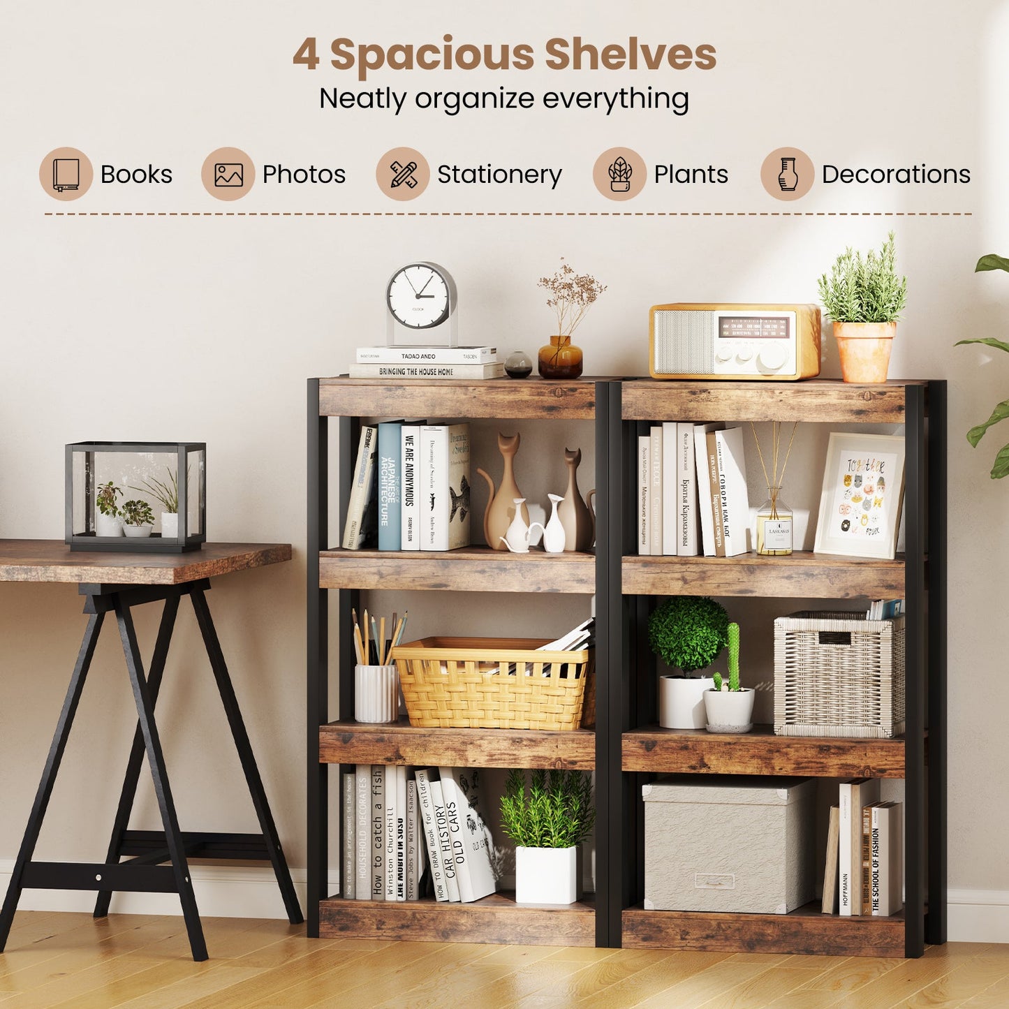 4 Tier Bookshelf Wooden Bookcase with Dual Anti-Tipping Kits